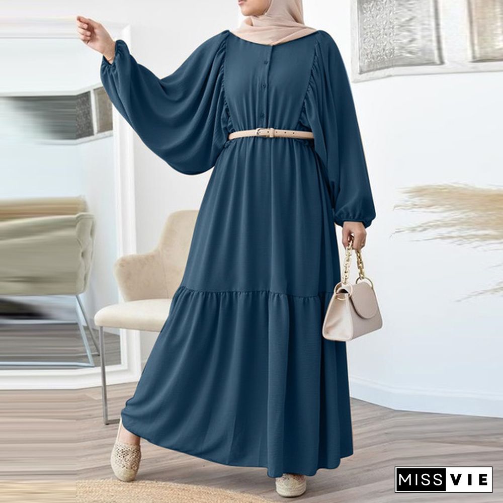 Women Casual Solid Belt Kaftan Muslim Button Down Party Puff Sleeve Spring Long Maxi Shirt Dress