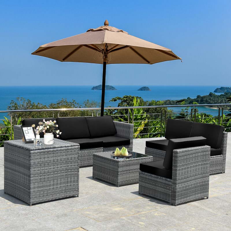 8 Pcs Rattan Patio Sectional Sofa Couch Set Outdoor Wicker Furniture Set with Storage Table & Cushions