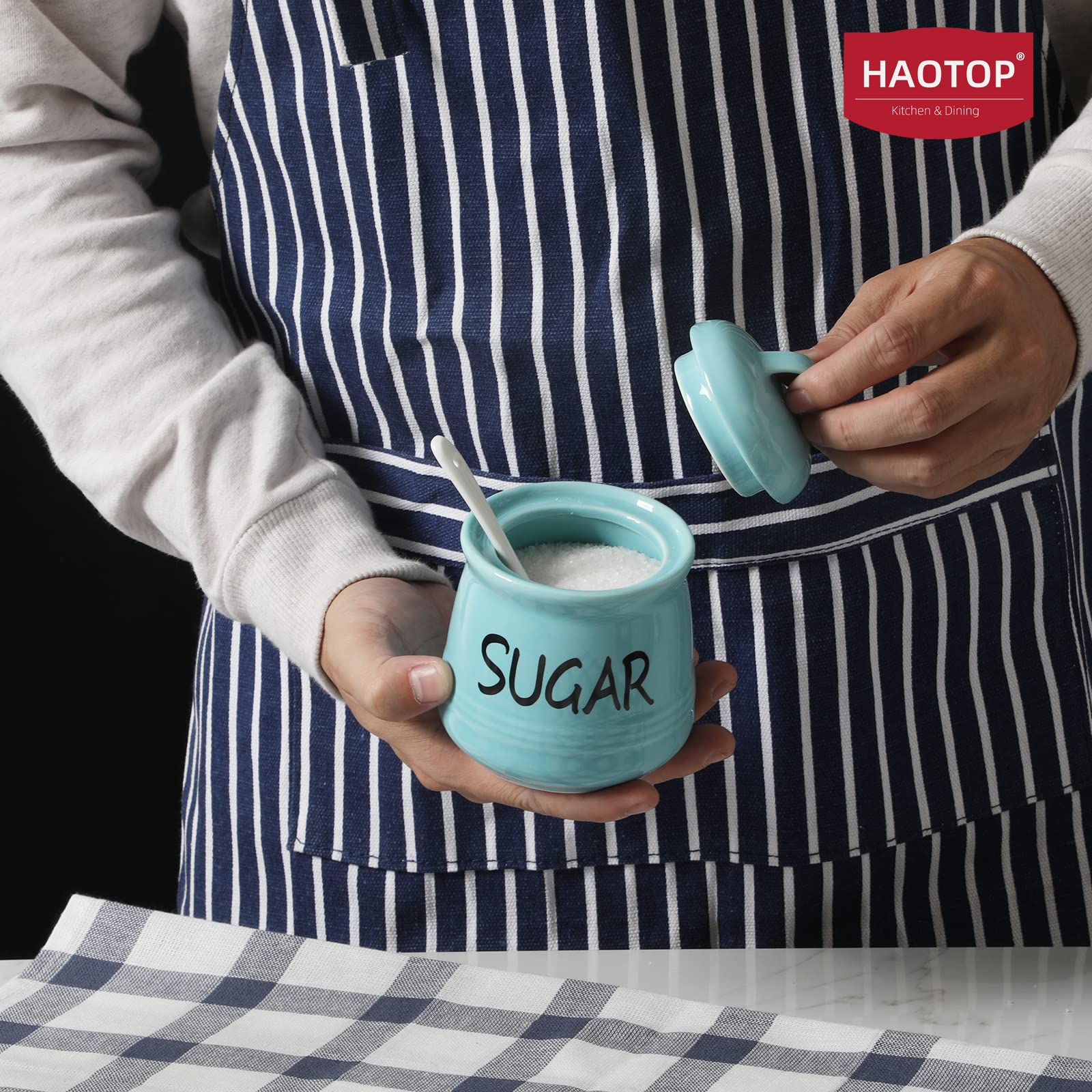 HAOTOP Porcelain Sugar Bowl with Lid and Spoon 12oz (Turquoise)