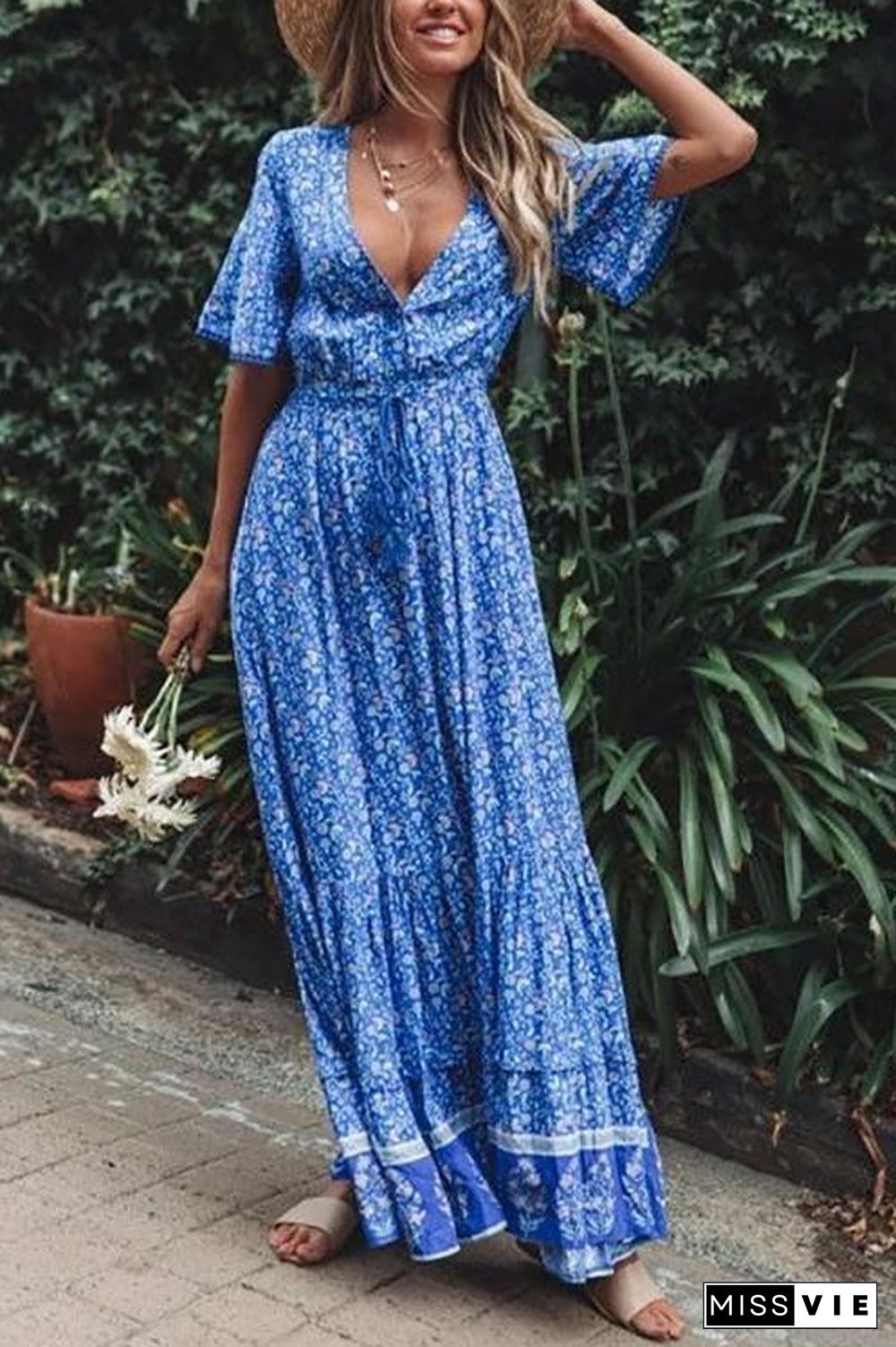 Floral Print Short Sleeve Maxi Dress