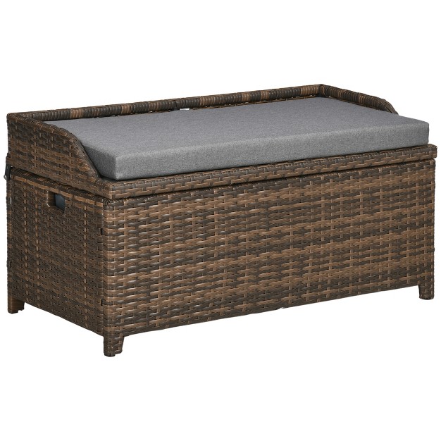 Outsunny Storage Bench Rattan Wicker Garden Deck Box Bin With Interior Waterproof Bag And Comfy Cushion Gray