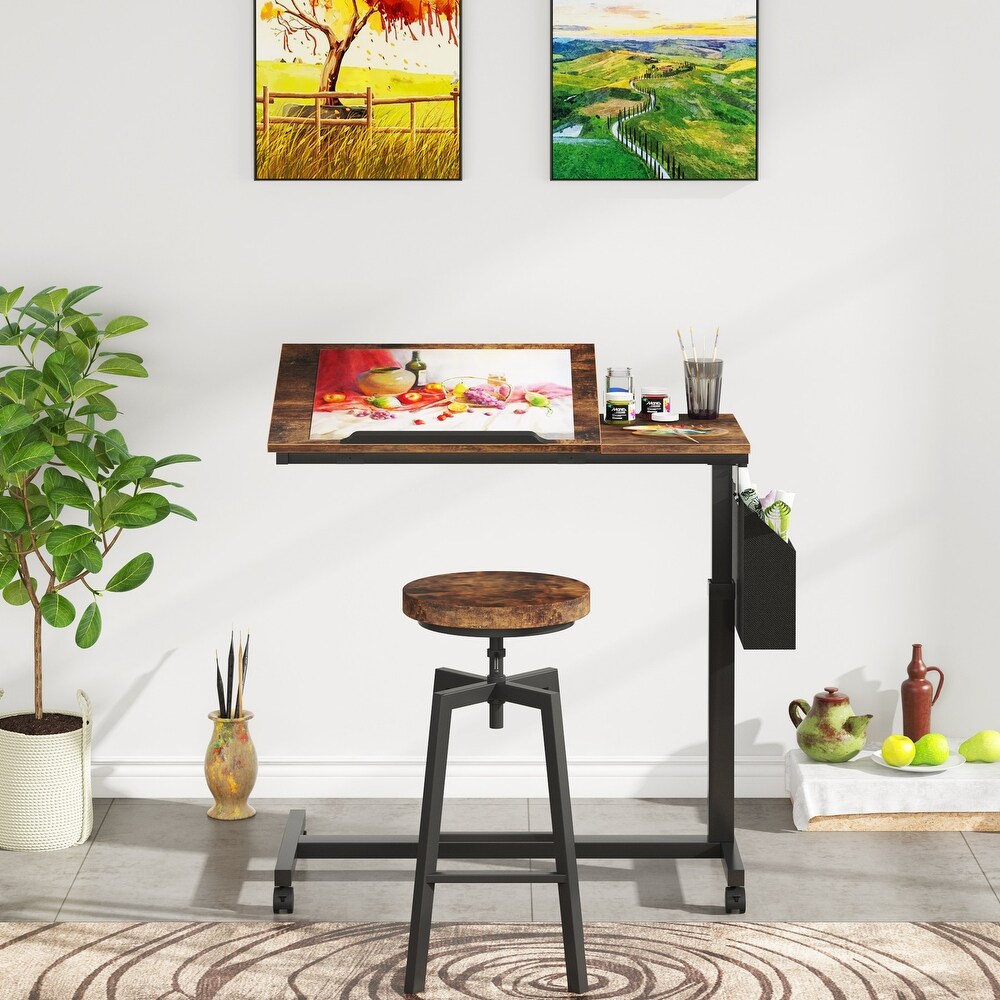 Adjustable C Shaped End Table with Tiltable Drawing Board