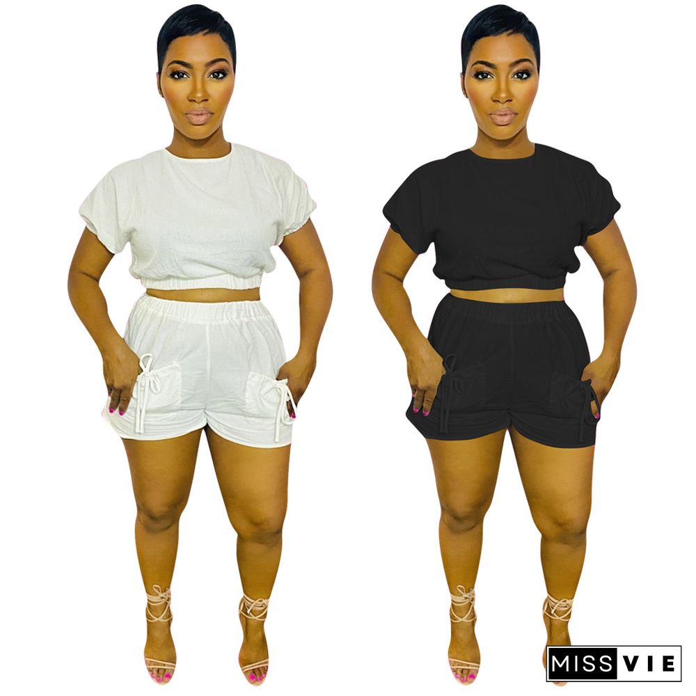 New Solid Color Women Short Sleeve Crop Top Elastic Waist Biker Shorts Summer Two Piece Sets