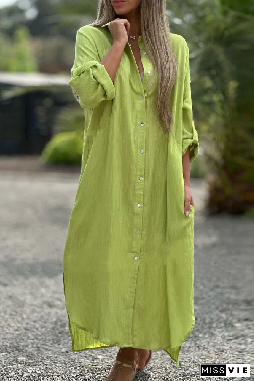 Casual Solid Buttons Turndown Collar Shirt Dresses