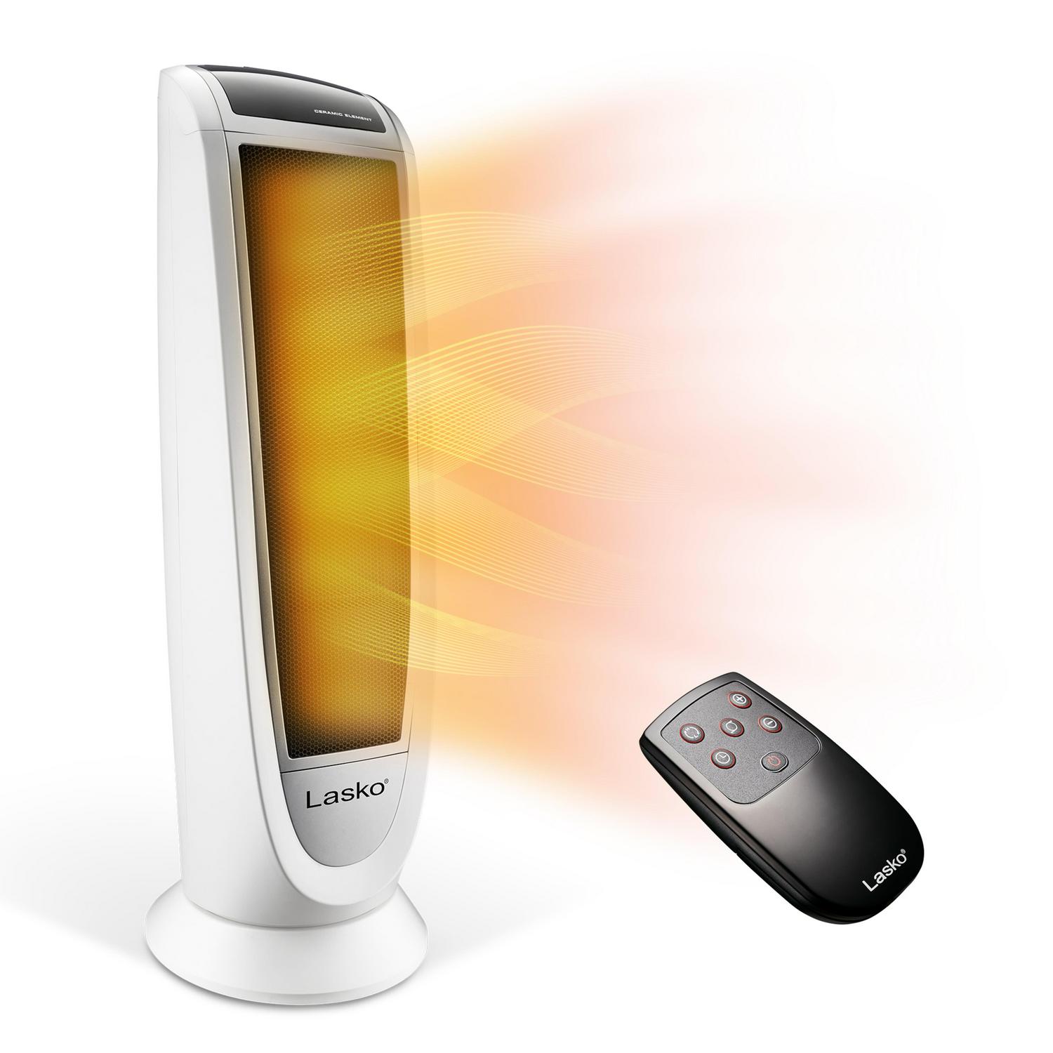 Lasko 1500W Digital Ceramic Tower Space Heater with Remote， 5165， White