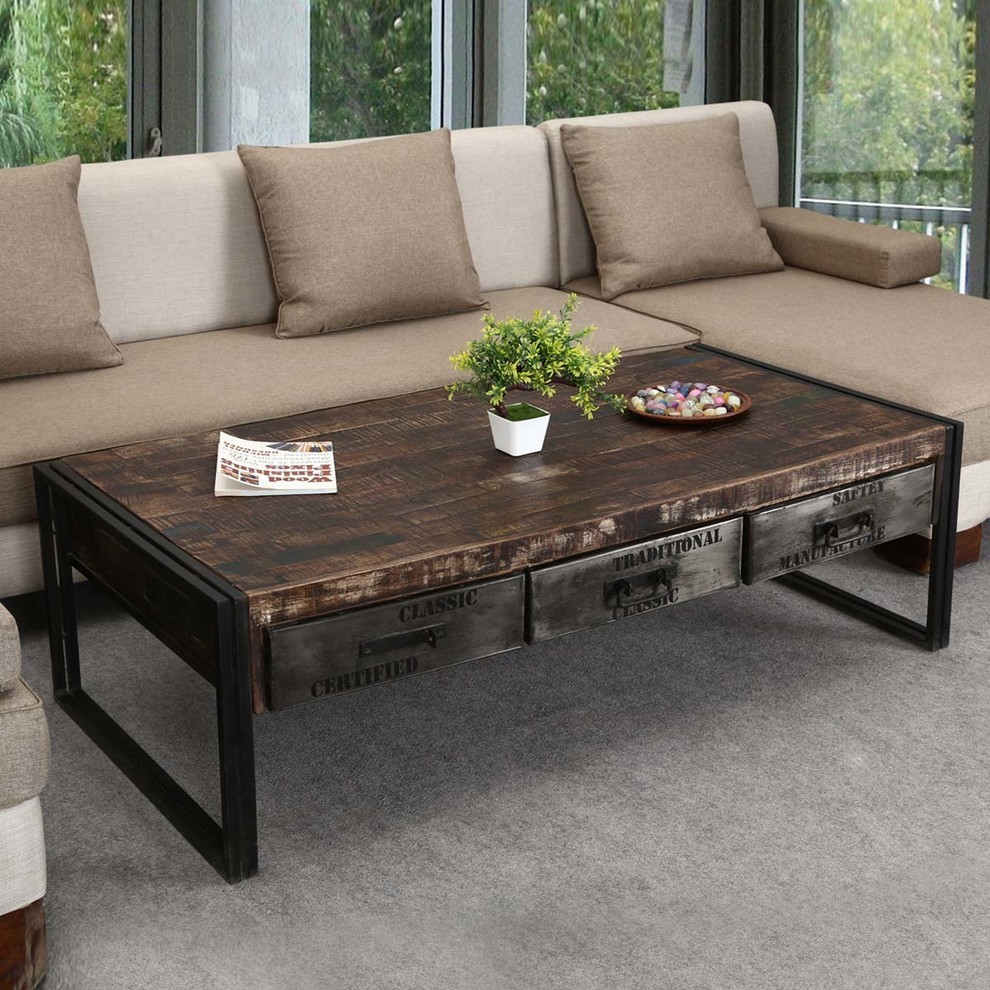 Philadelphia Rustic Mango Wood 3 Drawer Industrial Coffee Table   Industrial   Coffee Tables   by Sierra Living Concepts Inc  Houzz