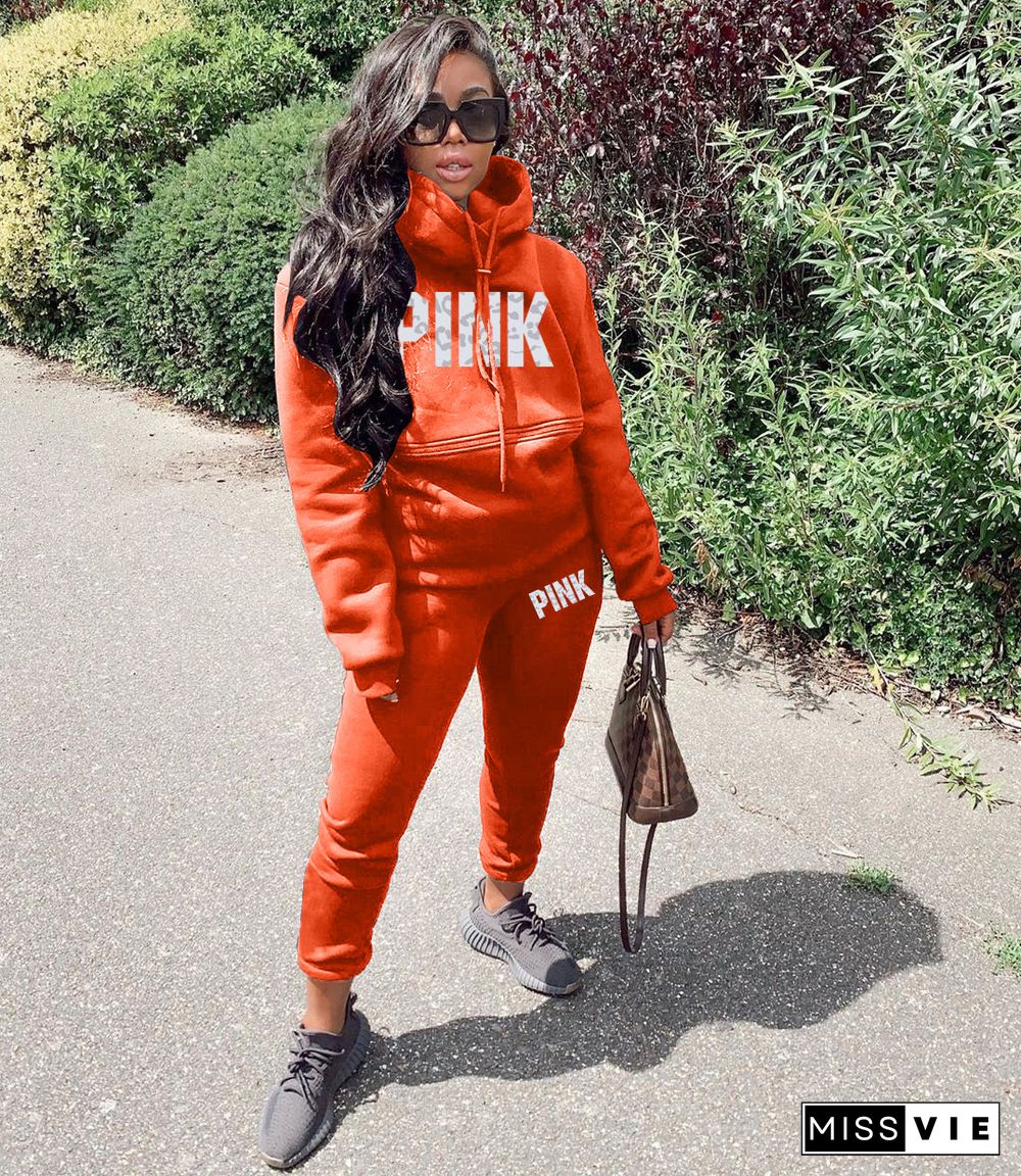 PINK Letter Hoodies Sweatshirt Long Pants 2 Piece Set