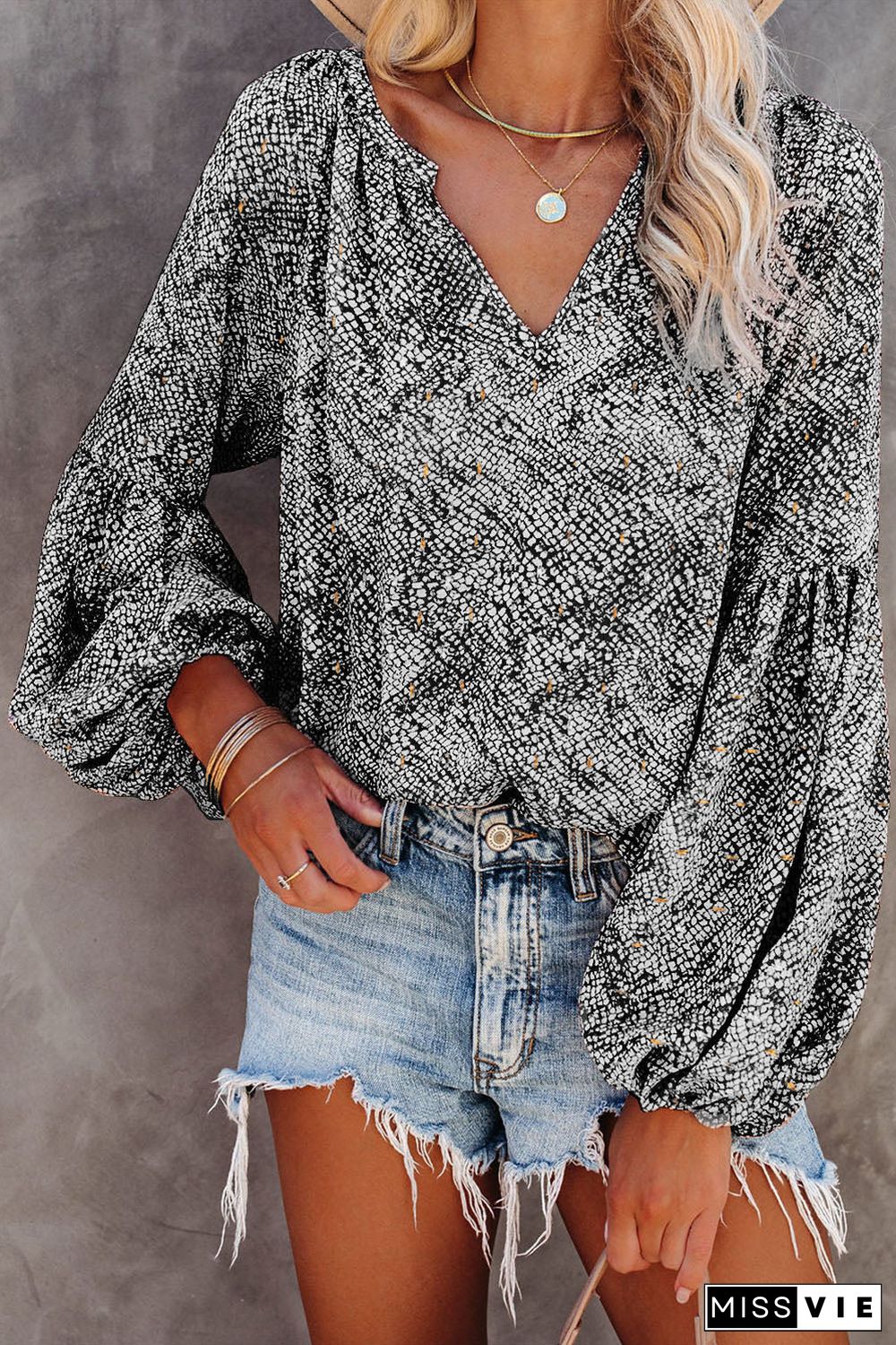 Pleated Lantern Sleeve Abstract Print Blouse