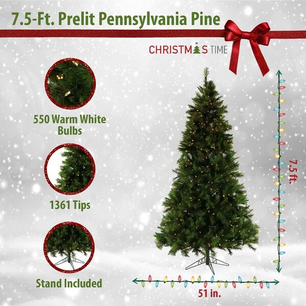 Christmas Time 7.5Ft. Pennsylvania Pine Artificial Christmas Tree with Clear LED String Lighting