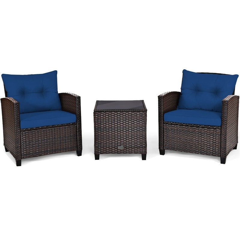 3 Pieces Patio Rattan Furniture Set Outdoor Wicker Conversation Set with Washable Cushion and Coffee Table