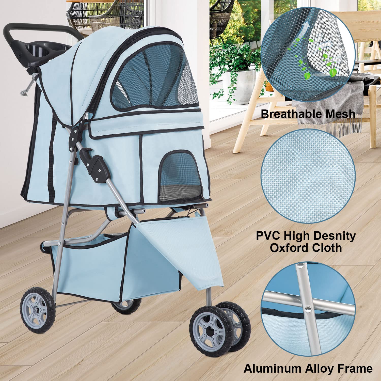 BestPet 3 Wheels Pet Stroller Folding with Cup Holder and Removable Liner，Light Blue