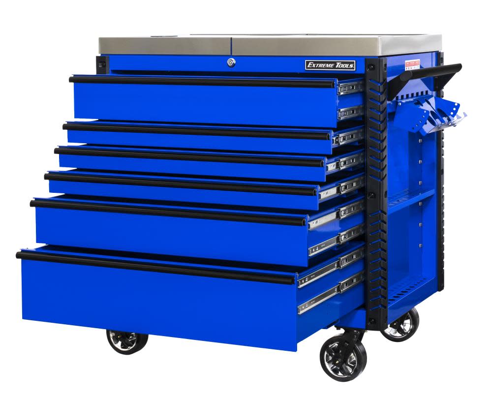 41 6 Drawer Stainless Steel Sliding Top Deluxe Tool Cart with Bumpers, Blue with Black Drawer Pulls