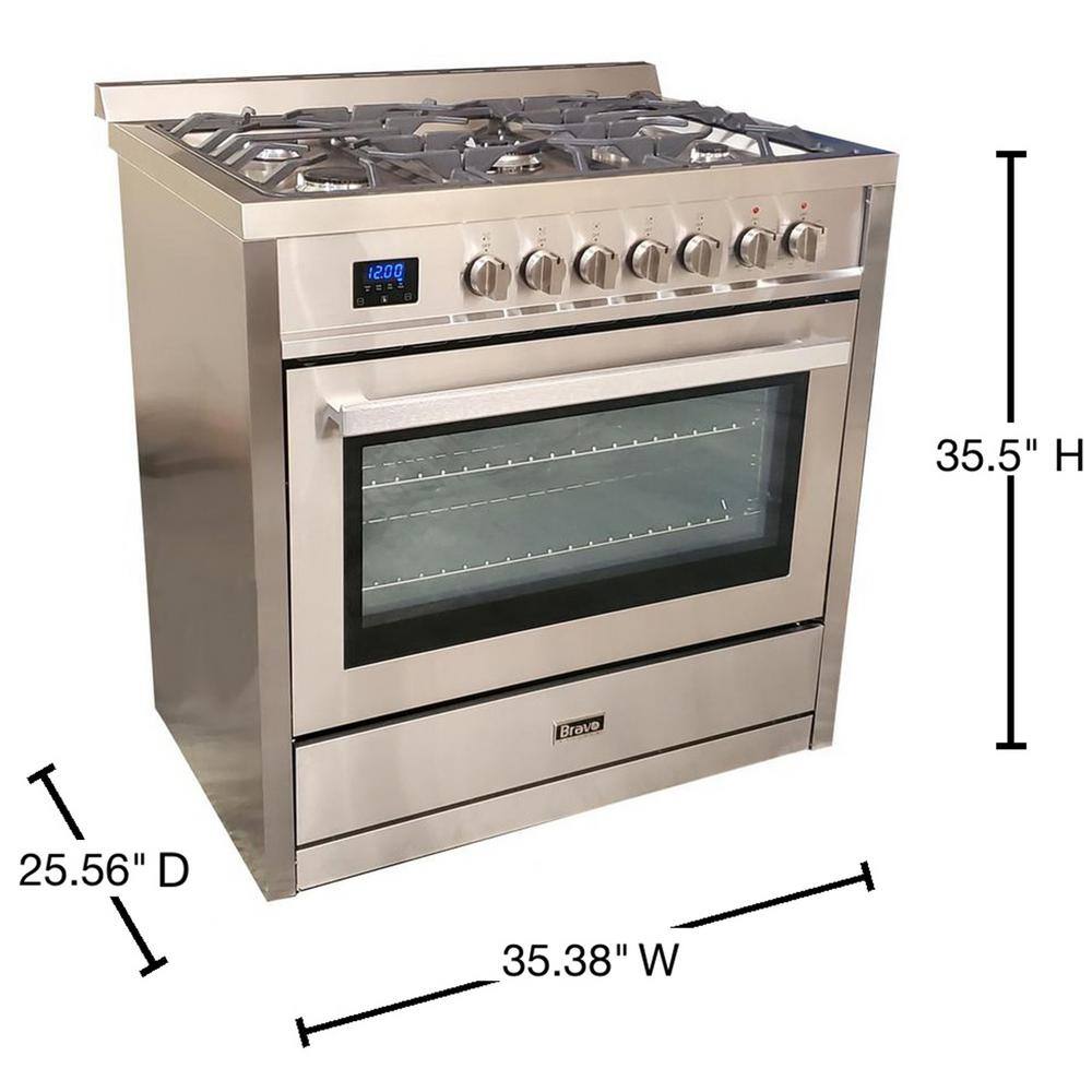 Bravo KITCHEN 36 in. 5 Burner Dual Fuel Range with Gas Stove and Electric Oven and True Convection Bake Function in Stainless Steel BV361RD