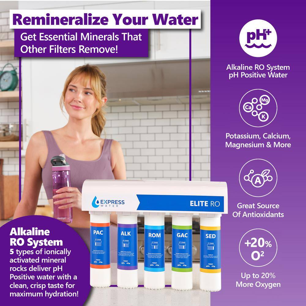 Express Water Elite Reverse Osmosis 9 Stage Alkaline Water Filtration System -Quick Twist Filter Change -Under Sink RO System 100 GPD ROELITE9