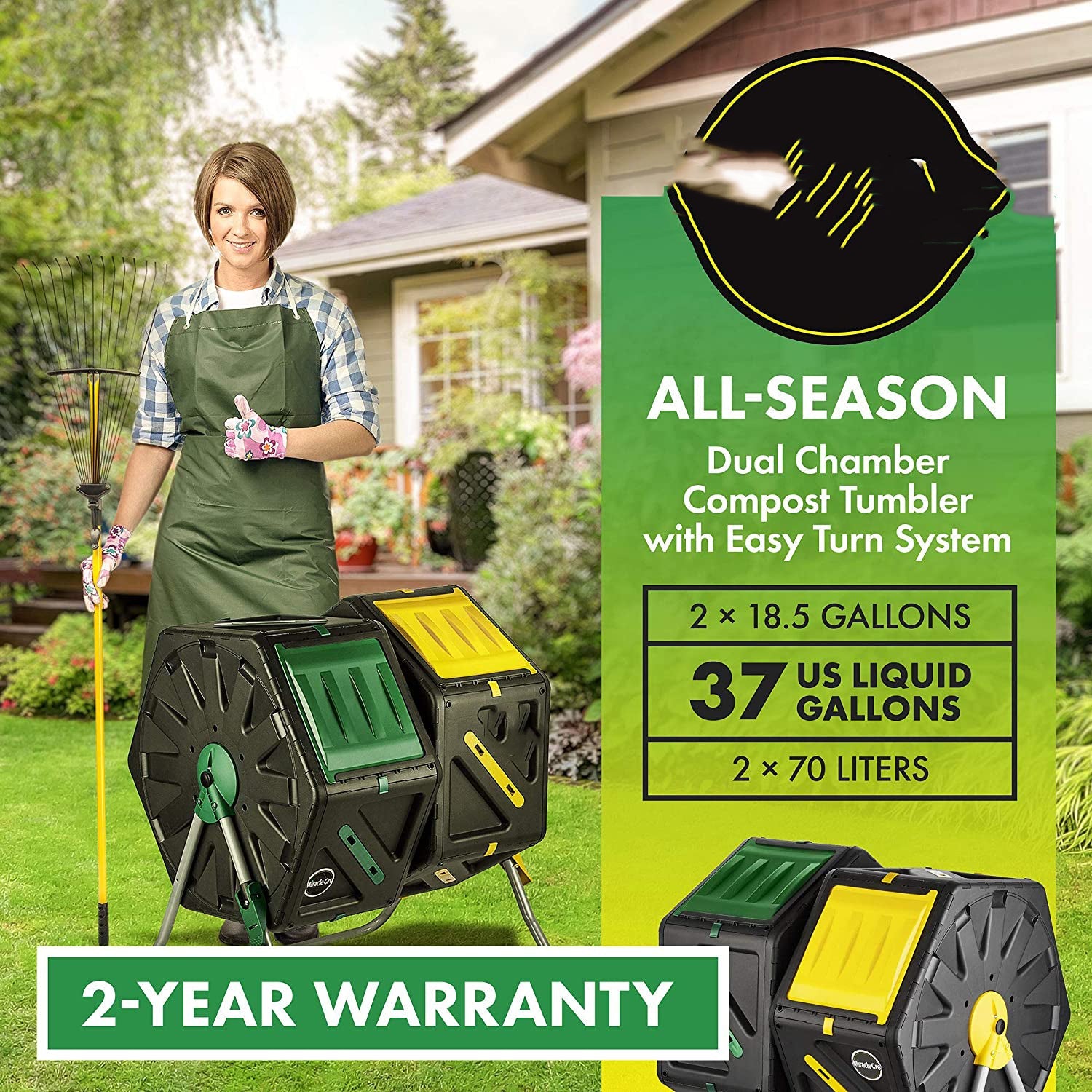 ASSJ Dual Chamber Compost Tumbler – Easy-Turn, Fast-Working System – All-Season, Heavy-Duty, High Volume Composter with 2 Sliding Doors - (2 – 18.5gallon /70 Liter)