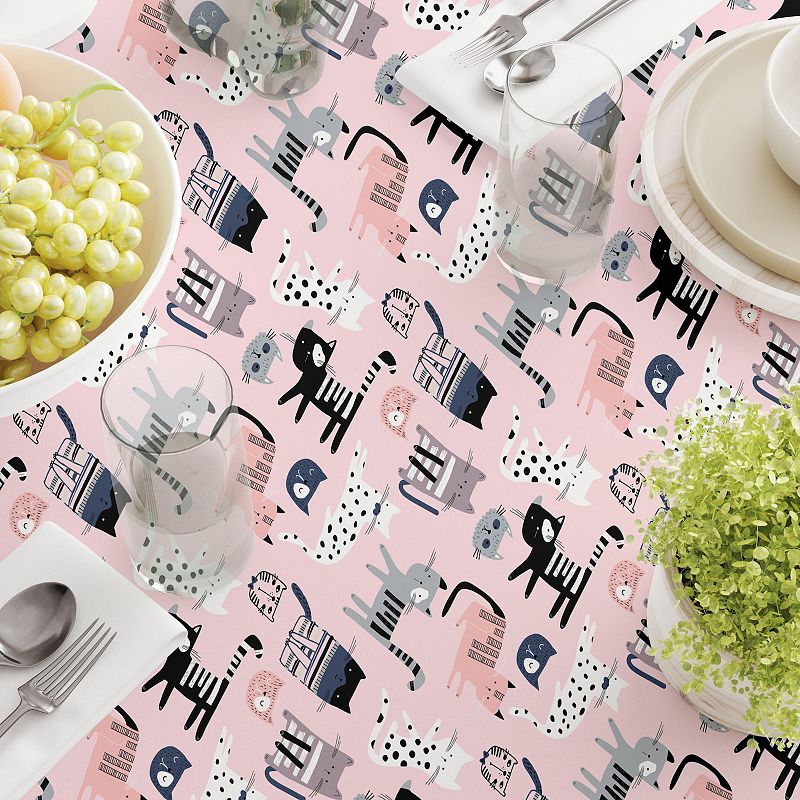 Square Tablecloth， 100% Cotton， 60x60， Cartoon Cats Pink