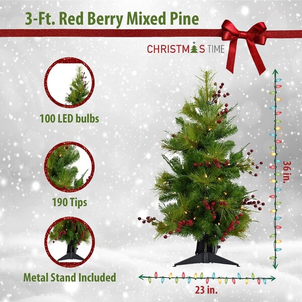 Christmas Time Set of Two 3Ft. Red Berry Mixed Pine Artificial Trees with BatteryOperated LED String Lights