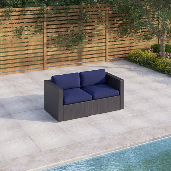 4-Piece Patio Outdoor Furniture Sectional Sofa Set All-Weather Wicker Rattan with Navy Blue Cushions - Overstock - 32039497