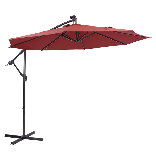 9 Ft Solar Umbrella LED Lighted Outdoor Umbrella Patio Umbrella Table Market Umbrella with Tilt and Crank for Garden, Deck, Backyard, Pool and Beach, Red