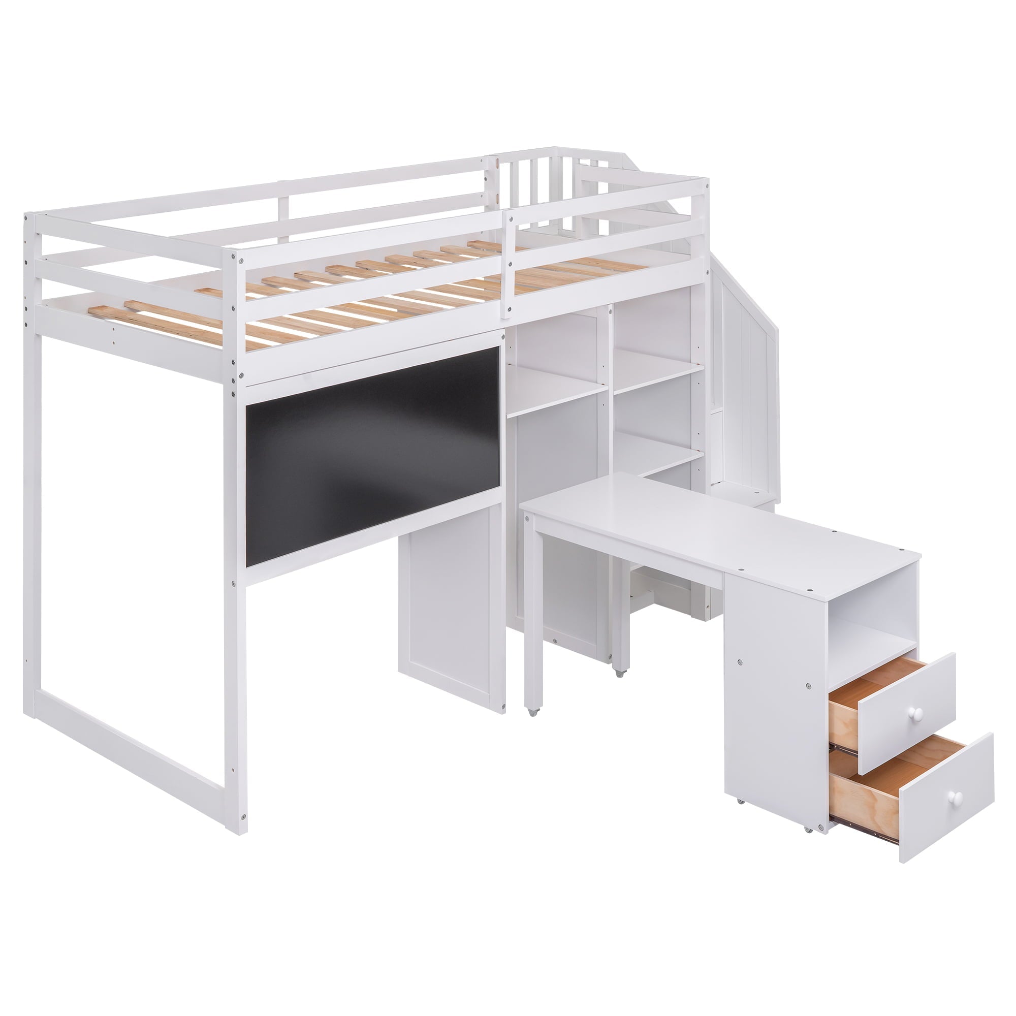 Pine Wood Loft Bed with Storage Staircase, Desk, Drawers and Blackboard for Kids, Twin, White