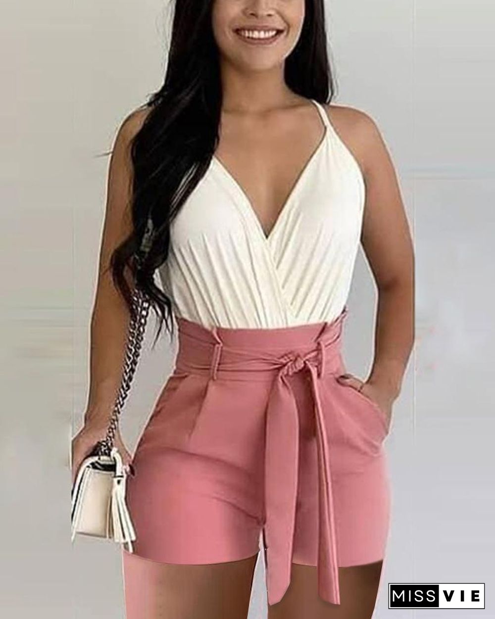 Solid Color V-Neck Sleeveless Belted Waist Shorts Suit Set