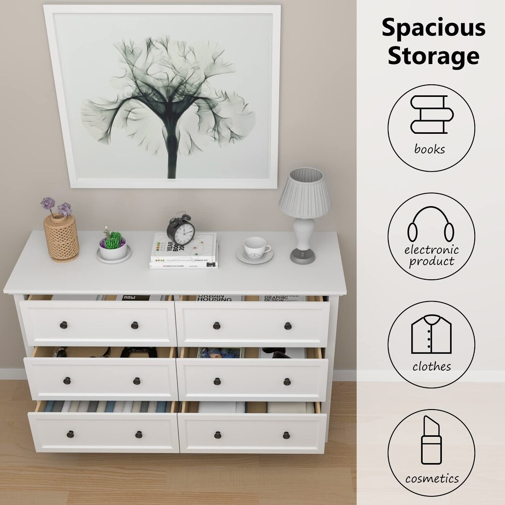 White Dresser  6 Drawer Double Dresser for Bedroom with Metal Knobs   Wide Storage  Chest of Drawers