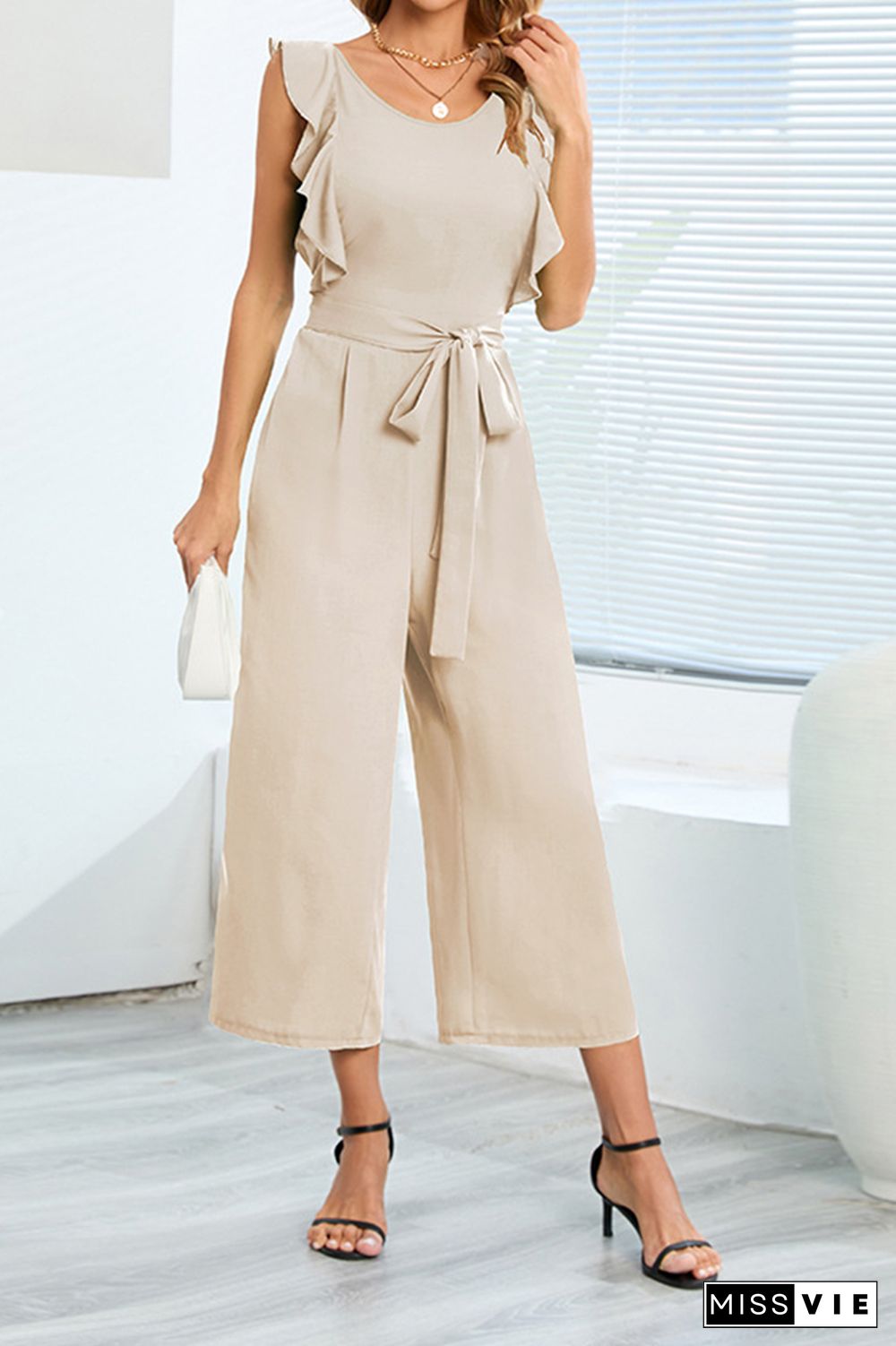 Plain Flutter Sleeveless Wide Leg Jumpsuit