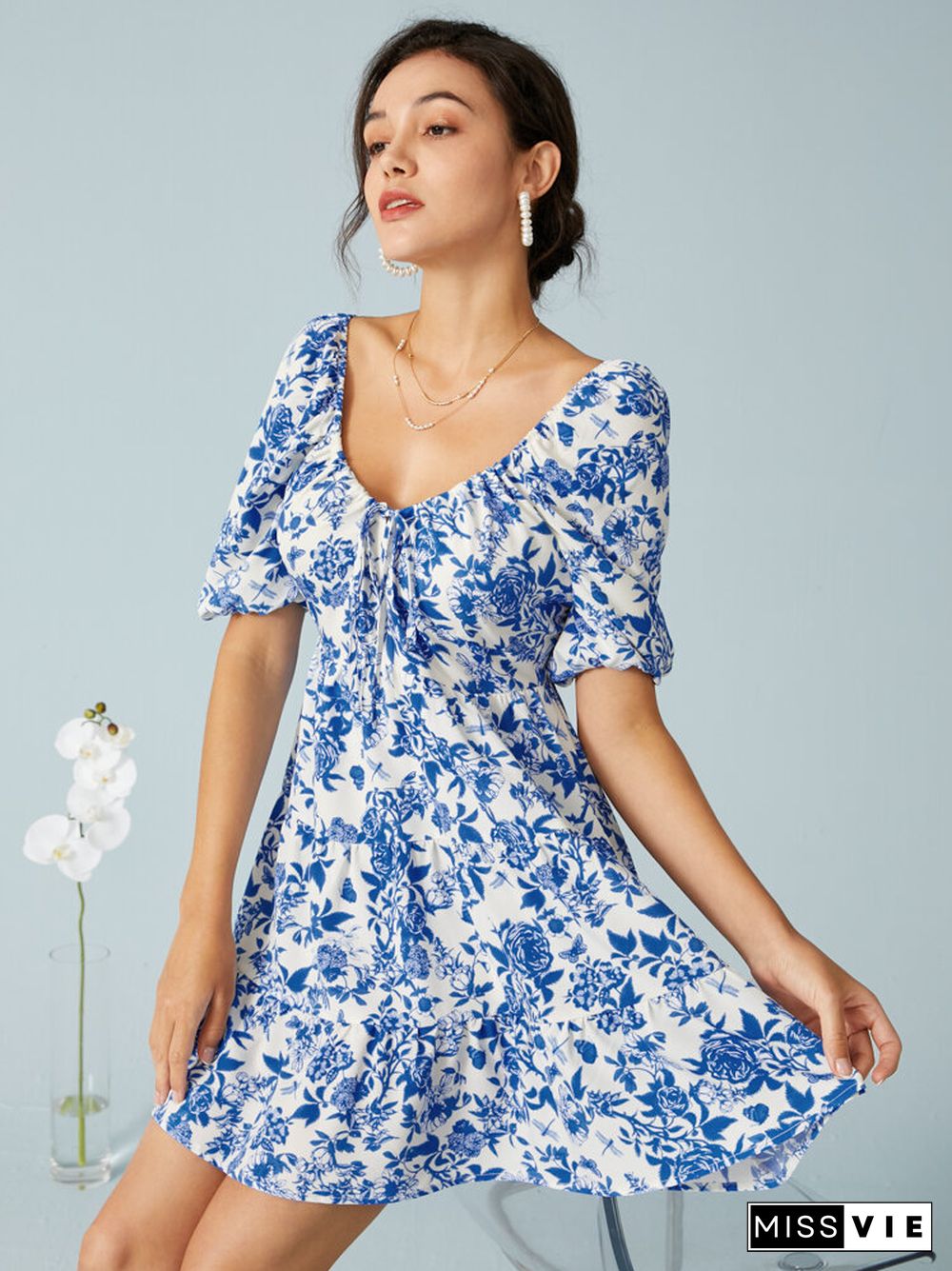 Navy Calico Print V-neck Lace-up Puff Sleeve Elegant Dress