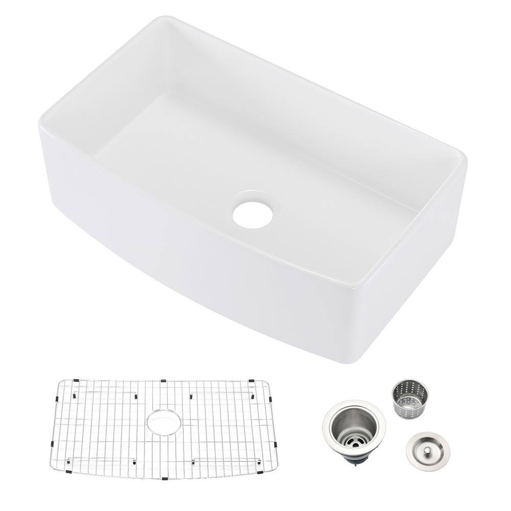 White Fireclay 33 in. Single Bowl Farmhouse Apron Arch Edge Front Kitchen Sink with Bottom Grid and Sink Drain LL-W122567052