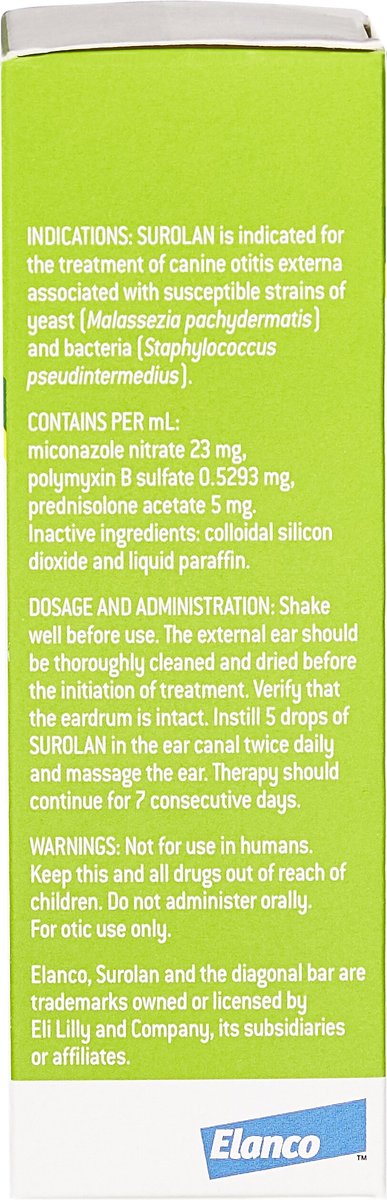 Surolan (miconazole nitrate， polymyxin B sulfate， prednisolone acetate) Otic Suspension for Dogs