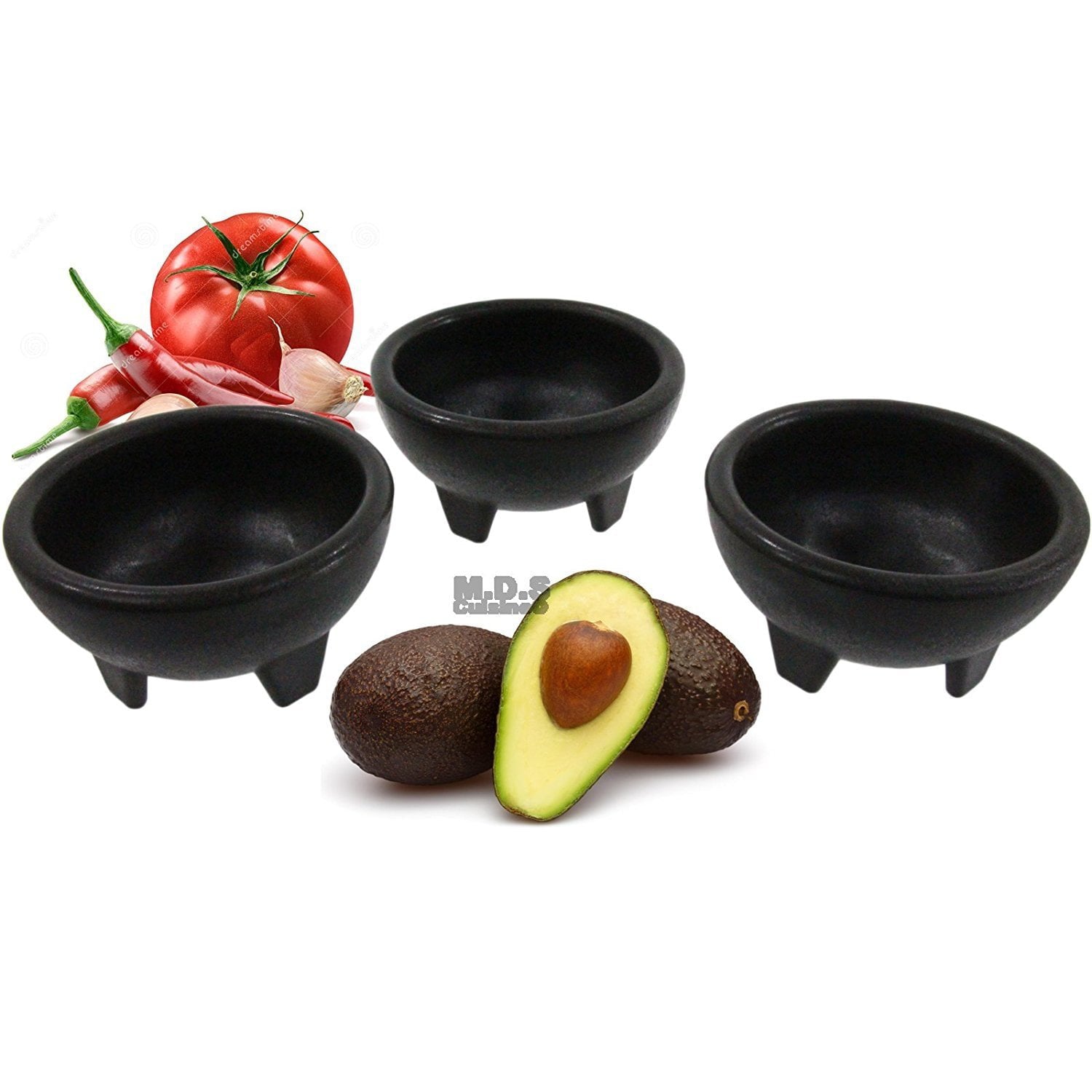 Molcajete 3pc Salsa Bowl for Guacamole Sauce Chips Deep Mexican Tortilla Black