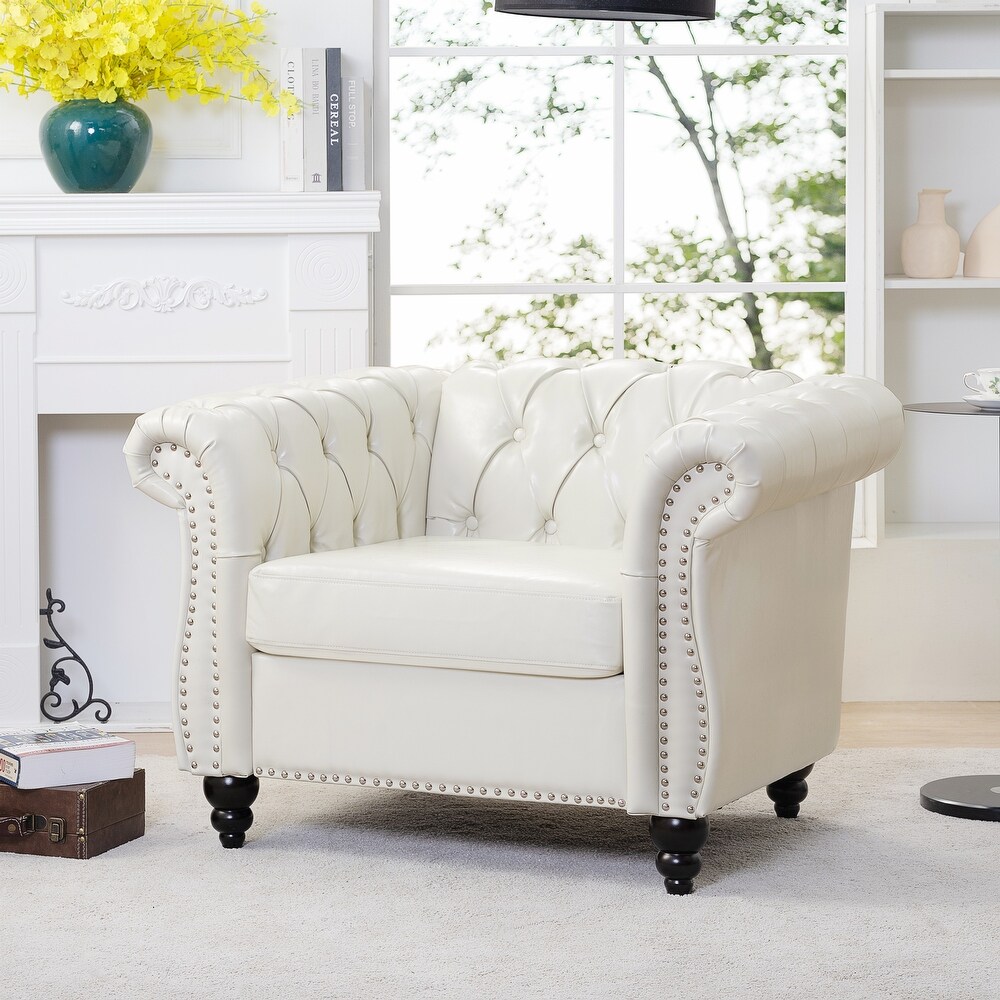 Livingroom Nailheads Armchair White PU Leather Accent Sofa Chair   1 Seater