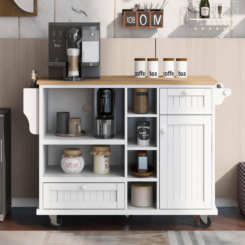 White Solid Wood Desktop Floor Standing Kitchen Island Cart On 2 Locking Wheels with Microwave Cabinet and Towel Rack kitchen-wy01bai