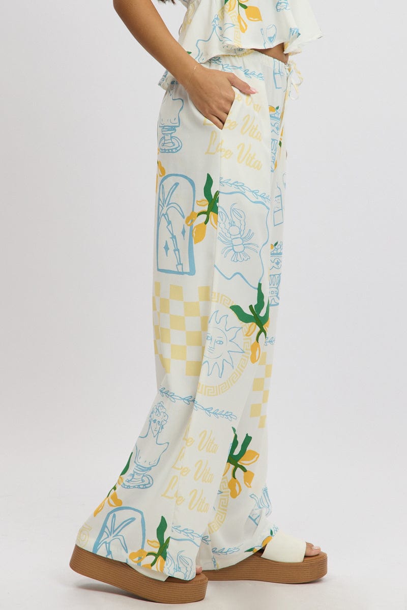 Yellow Abstract Wide Leg Pants High Rise