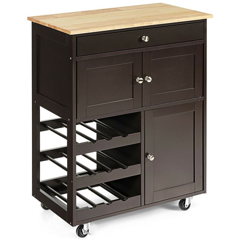 Kitchen Cart with Rubber Wood Top 3 Tier Wine Racks 2 Cabinets