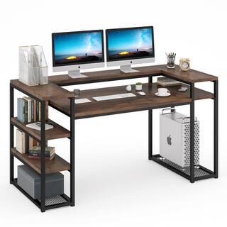 TRIBESIGNS WAY TO ORIGIN Heidi 63 in. Rectangular Black Metal Brown Particle Board Wood Computer Desk with Storage Shelves Monitor Printer Stand HD-F1352