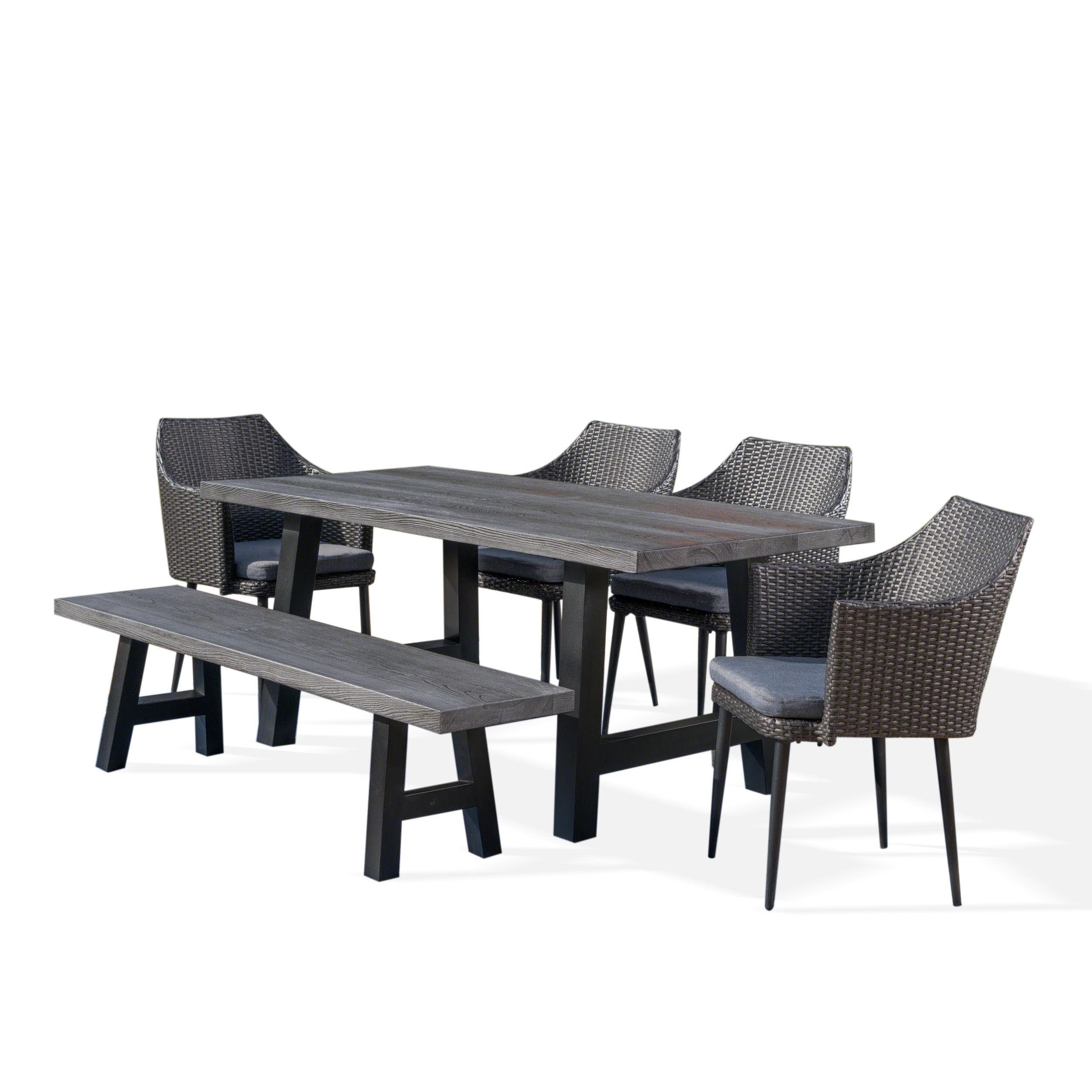 Blanche Outdoor 6 Piece Wicker Dining Set with Concrete Table and Bench