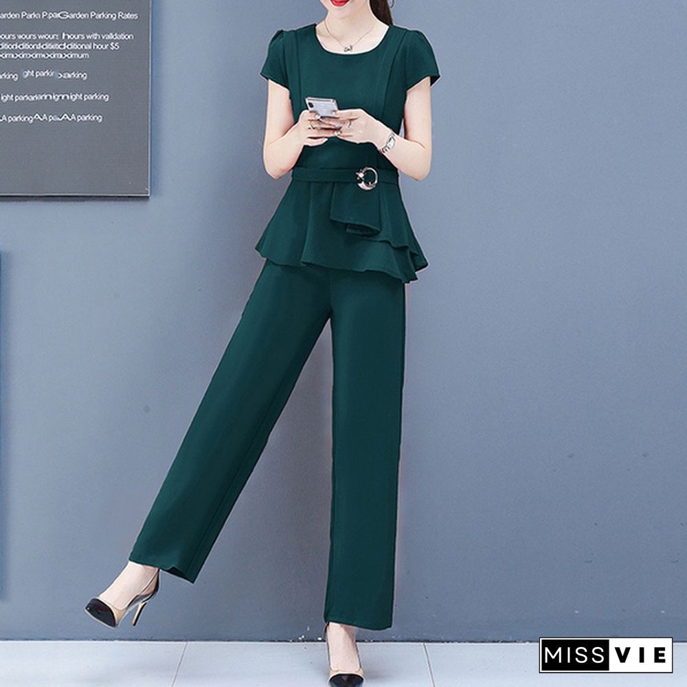 Summer 2 Two Piece Sets Outfits Women Plus Size Short Sleeve Tunics Tops And Pants Suits Office Elegant Korean Sets