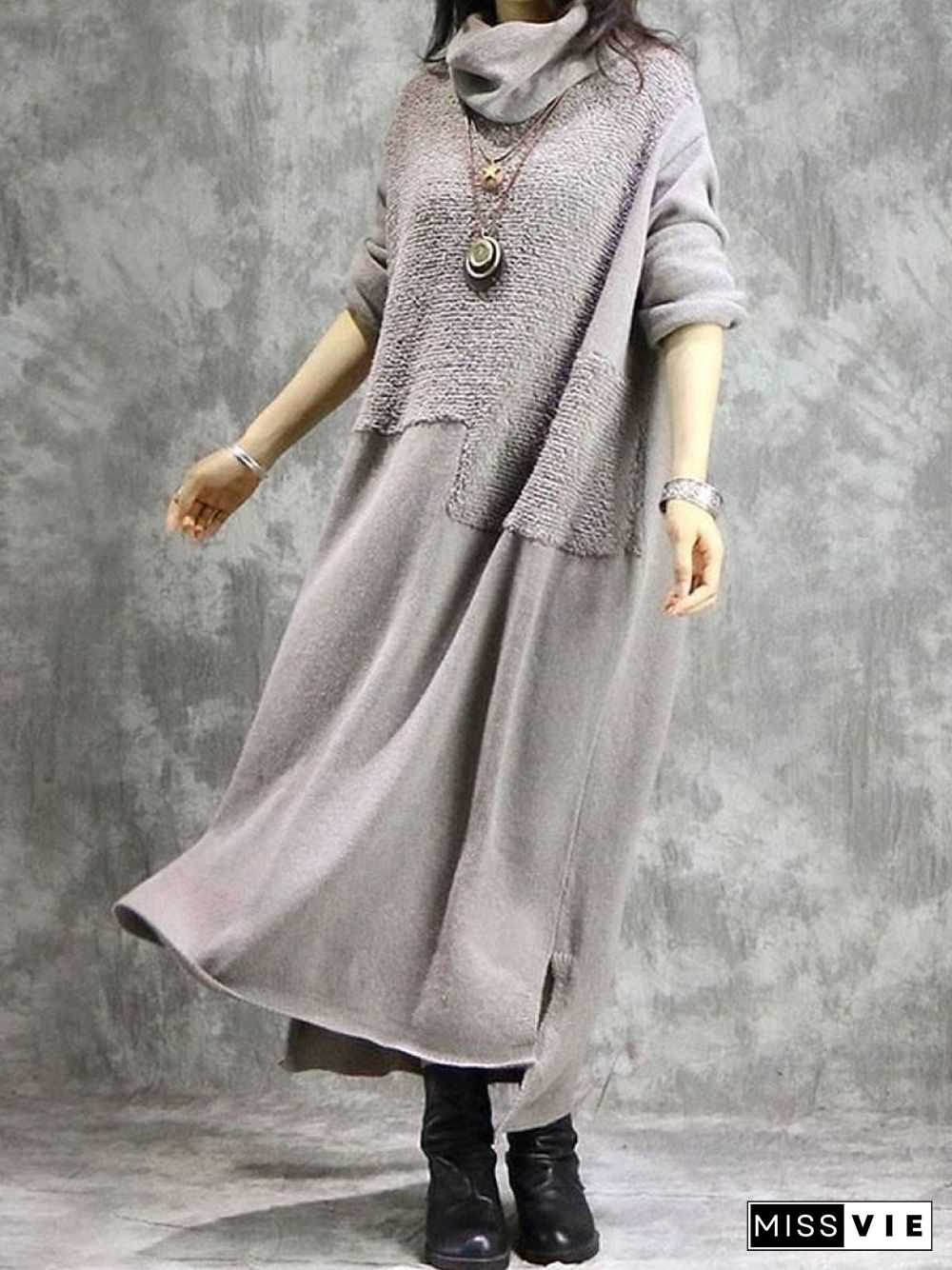 Cotton Plain Casual Turtleneck Knitting Dress