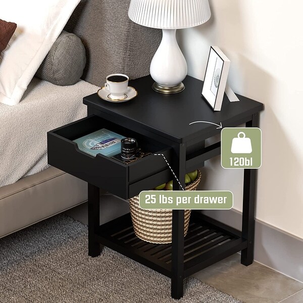 Nightstand Bedside Table with Drawer End Table with Shelf Bamboo Side Table for Bedroom， Living Room， Small Space