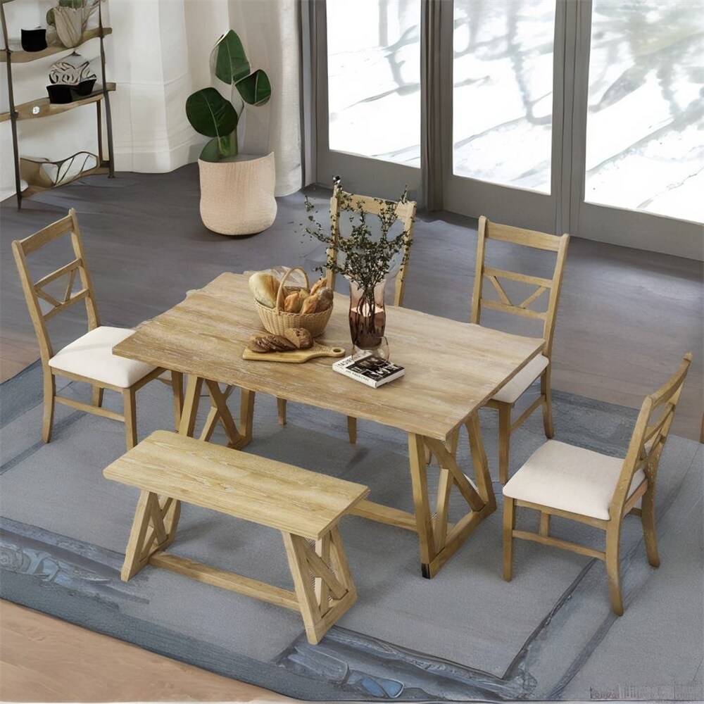 Dining Table Set with 4 Upholstered Chairs and Wood Bench（Set of 6）