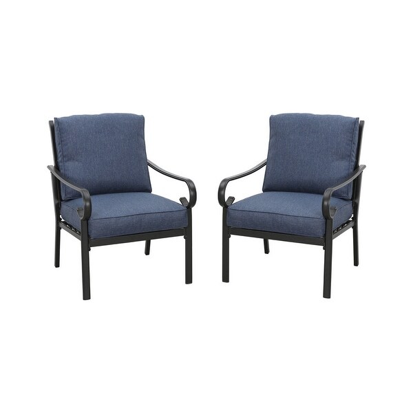 Patio Festival Outdoor Metal Chair with Blue Cushions (2Pack)