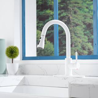 Boyel Living Modern 3-Spray Patterns 1.8 GPM Single Handle Pull Down Sprayer Kitchen Faucet with 10 in . L Deck Plate in Matte White BL-PB1020B-W