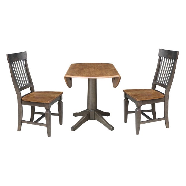 Round Dual Drop Leaf Dining Table With 2 Slat Back Chairs Hickory washed Coal International Concepts