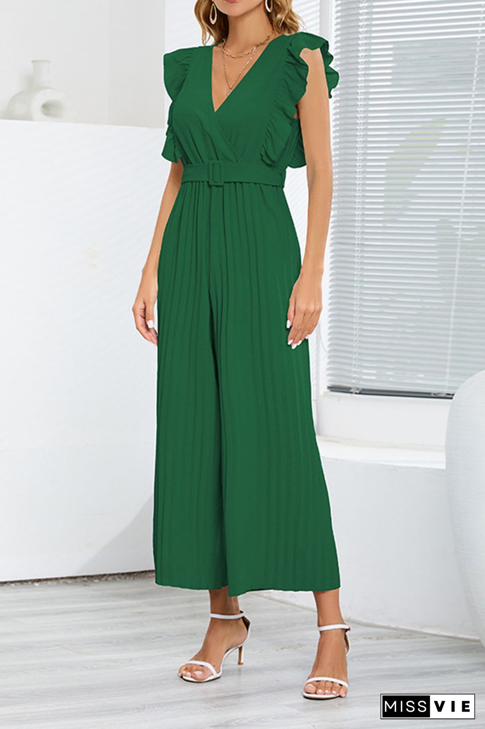 Sleeveless V Neck Ruffle Pleated Wide Leg Jumpsuit