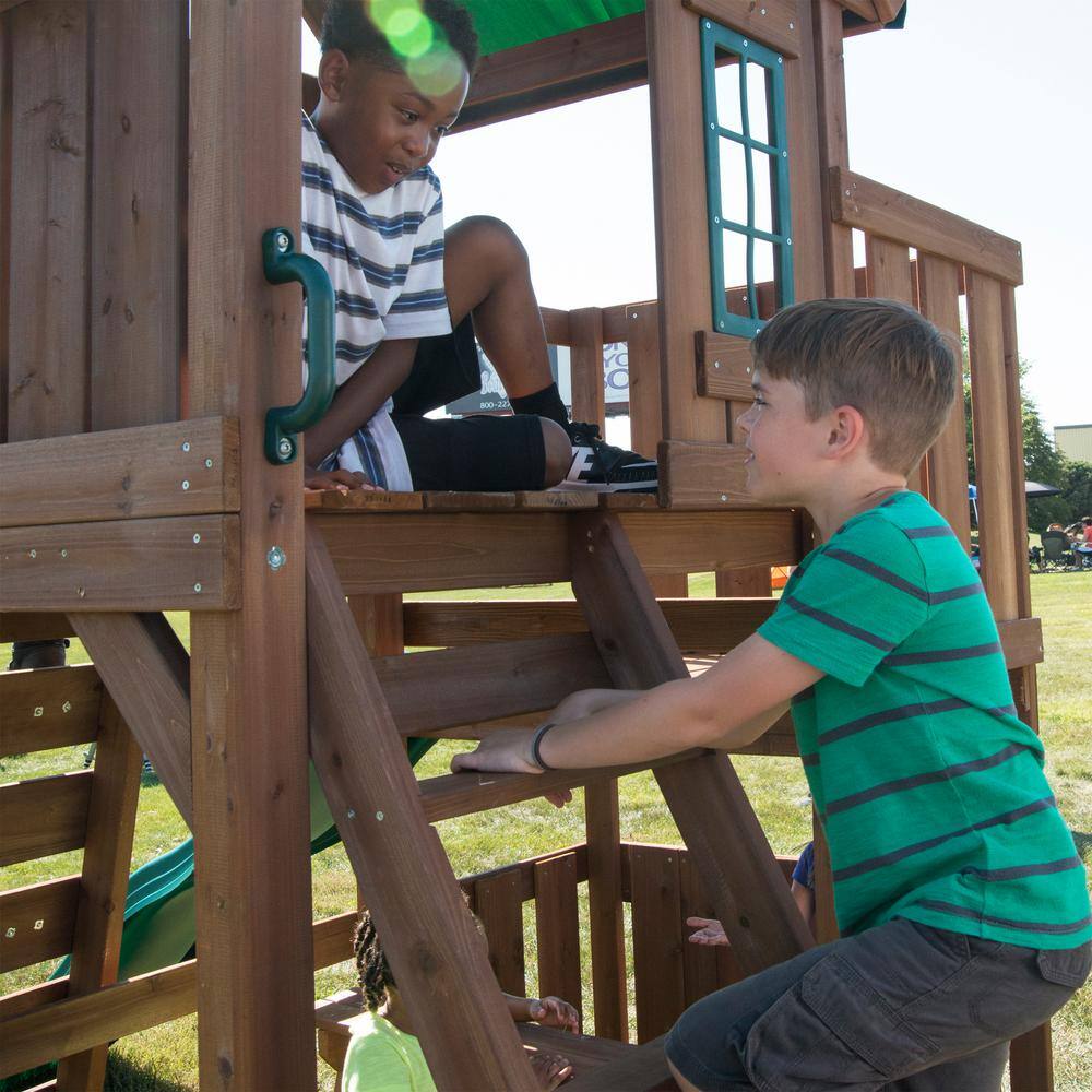 Swing-N-Slide Playsets Elkhorn Ready-To-Assemble Outdoor Wooden Playset with Slide Rock Wall Swings and Backyard Swing Set Accessories WS 8357