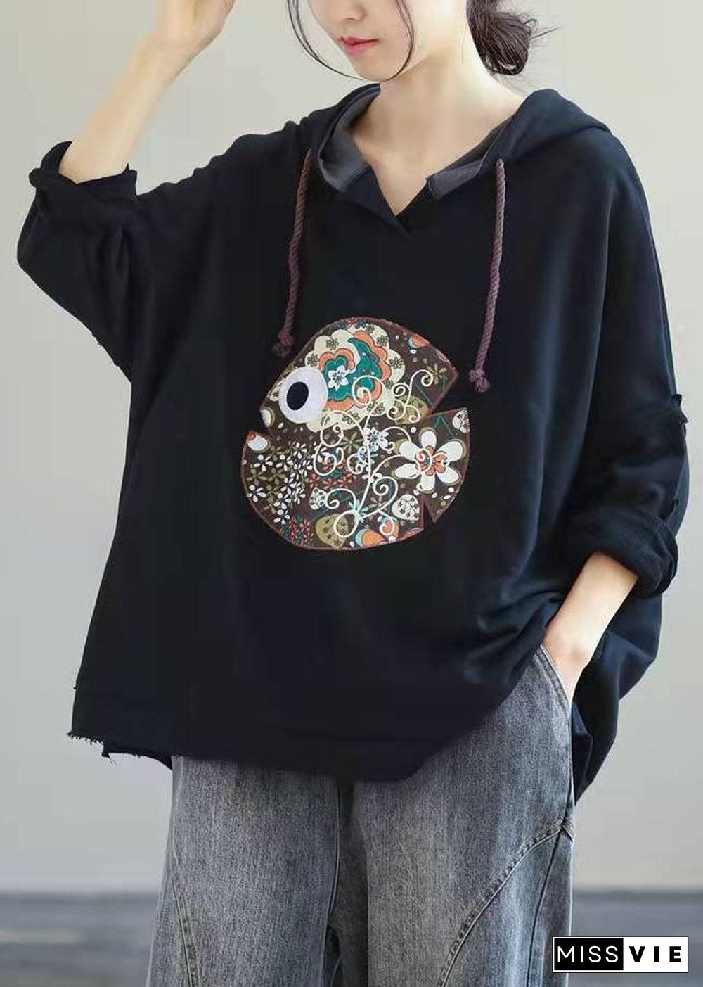 Beautiful Navy Hooded Drawstring Embroideried Fall Side Open Sweatshirts Top