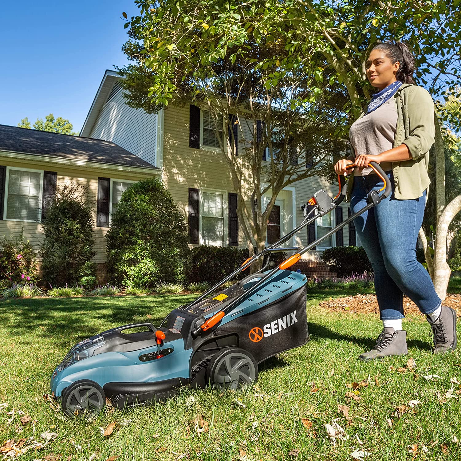 SENIX Electric Lawn Mower， 15-Inch， 58V Max* Cordless Lawn Mower with Brushless Motor， 6-Position Height Adjustment， 2.5Ah Lithium Ion Battery and Charger Included， LPPX5-L， Blue