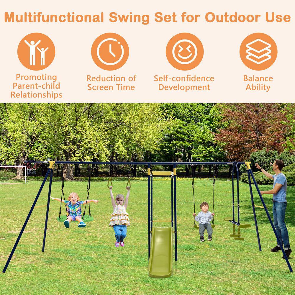 Gymax 660 lbs. Kids Metal Swing Set for Backyard 7-in-1 Multi-Functional Swing Set GYM10812