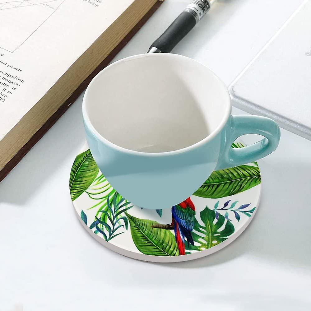 6pcs Round Tropical Leaves And Birds Ceramic Coasters With Cork-backed For Coffee Drink Cup Mat Absorbent Stone Coasters